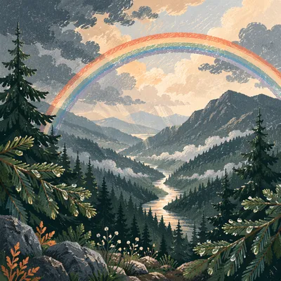 Rainbow Over Evergreen Valley After Storm
