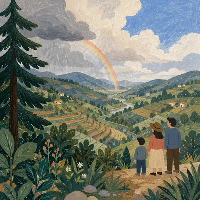 Rainbow Over Evergreen Valley After Storm