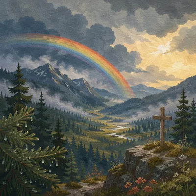 Rainbow Over Evergreen Valley After Storm