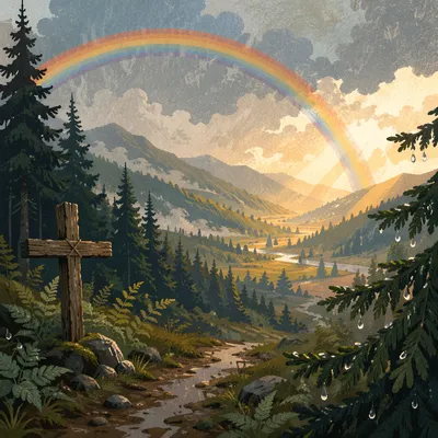 Rainbow Over Evergreen Valley After Storm