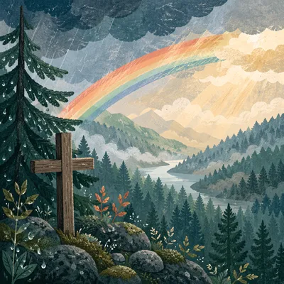 Rainbow Over Stormy Evergreen Valley Cross