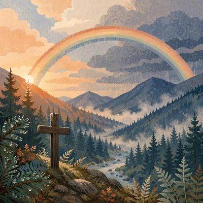 Rainbow Over Evergreen Valley With Wooden Cross