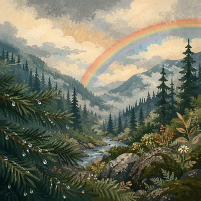 Rainbow Over Misty Evergreen Valley
