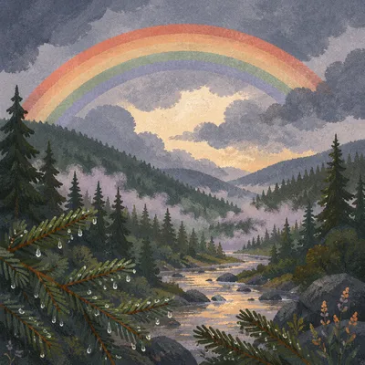 Rainbow Over Storm-Cleared Evergreen Valley