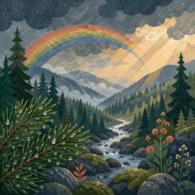 Rainbow Over Evergreen Valley After Storm