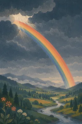 Rainbow Over Evergreen Valley After Storm