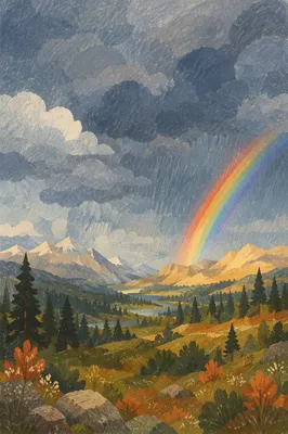 Rainbow Over Evergreen Valley After Storm