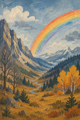 Hopeful Rainbow Over Evergreen Mountain Valley