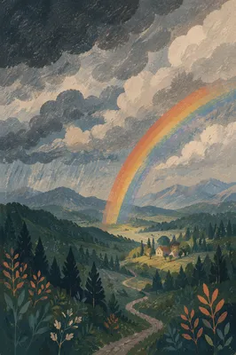 Rainbow Over Evergreen Valley After Storm