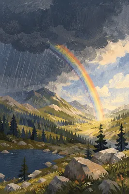 Rainbow Over Evergreen Valley After Storm