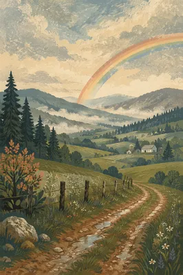 Rainbow Over Misty Evergreen Valley