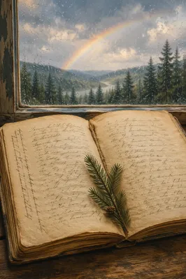 Open Vintage Journal by Rainy Window