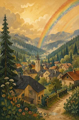 Rainbow Over Evergreen Valley After Storm