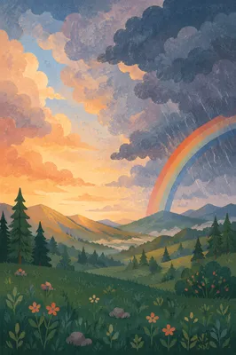 Rainbow Over Evergreen Valley After Storm