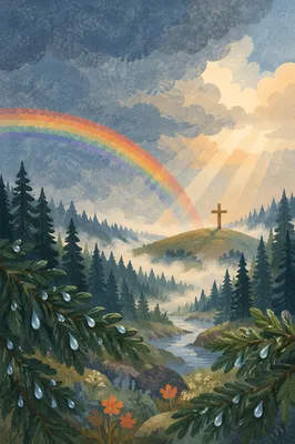 Rainbow Over Evergreen Valley After Storm