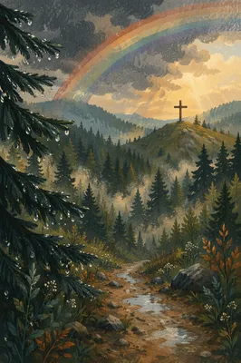 Rainbow Over Evergreen Valley with Distant Cross