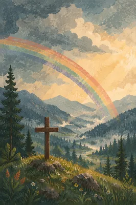 Rainbow Over Evergreen Valley With Cross