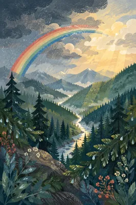 Rainbow Over Evergreen Valley After Storm