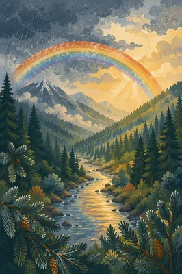 Rainbow Over Evergreen Valley After Storm