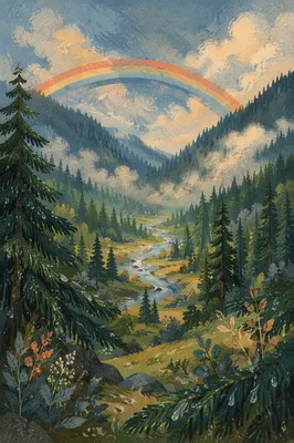 Rainbow Over Evergreen Valley After Storm
