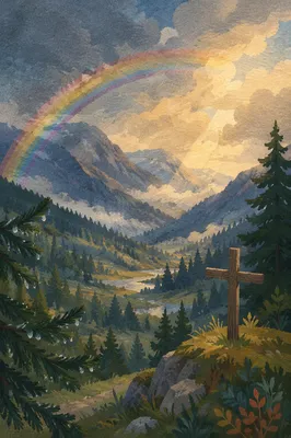 Rainbow Over Evergreen Valley After Storm