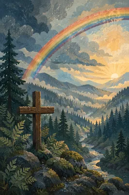 Rainbow Over Evergreen Valley Cross After Storm