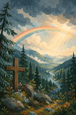 Rainbow Over Stormy Evergreen Valley Cross