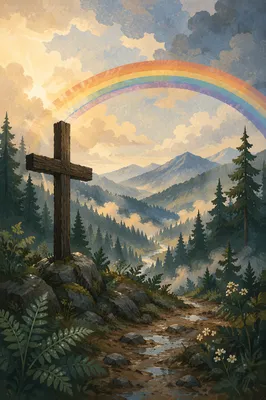 Rainbow Over Evergreen Valley Cross After Storm
