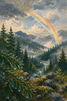 Rainbow Over Misty Evergreen Valley