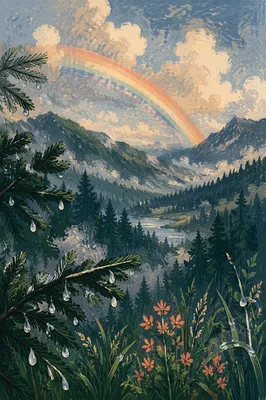 Rainbow Over Misty Evergreen Valley