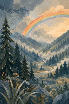 Rainbow Over Rainwashed Evergreen Valley