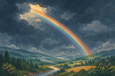 Rainbow Over Evergreen Valley After Storm