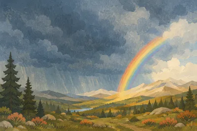 Rainbow Over Evergreen Valley After Storm