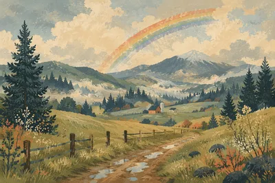 Rainbow Over Evergreen Valley After Storm