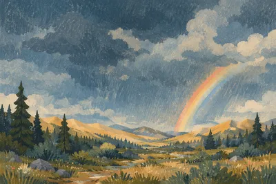 Rainbow Over Evergreen Valley After Storm