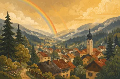 Rainbow Over Evergreen Valley After Storm