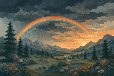 Rainbow Over Evergreen Valley After Storm