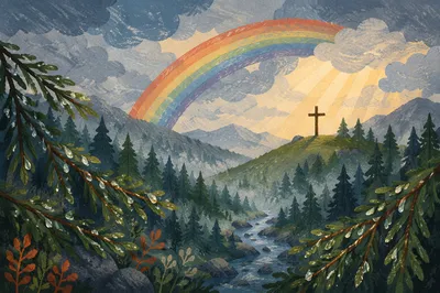 Rainbow Over Evergreen Valley After Storm