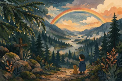 Rainbow Over Evergreen Valley After Storm
