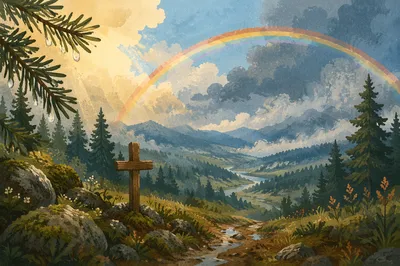Rainbow Over Evergreen Valley After Storm