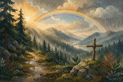 Rainbow Over Evergreen Valley After Storm