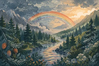 Hopeful Rainbow Over Evergreen Storm Valley