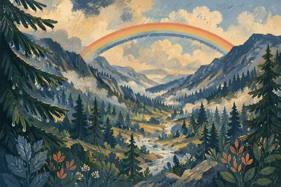Rainbow Over Evergreen Valley After Storm