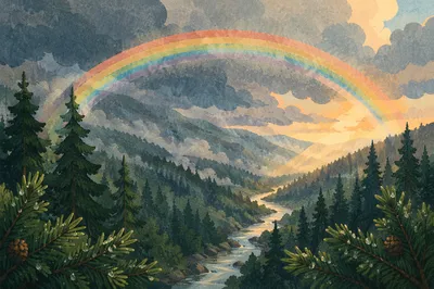 Rainbow Over Evergreen Valley After Storm