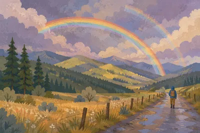 Rainbow Over Evergreen Valley After Storm