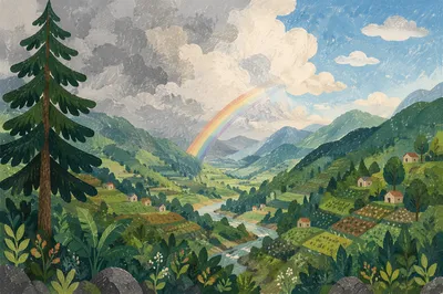 Rainbow Over Evergreen Valley After Storm
