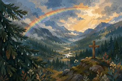Rainbow Over Evergreen Valley After Storm