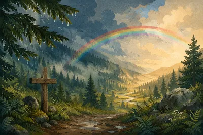 Rainbow Over Evergreen Valley After Storm