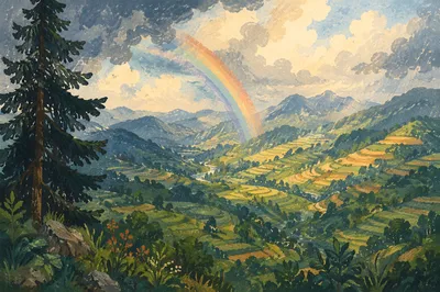 Rainbow Over Evergreen Valley After Storm