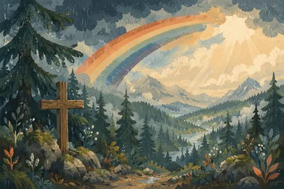 Rainbow Over Evergreen Valley After Storm